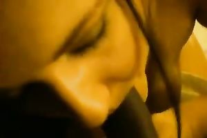 Brunette cutie sucks my dark boner and enjoys my cum on her lips