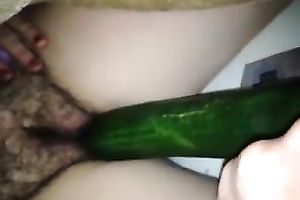 Amazing curly slit of my older white hotwife with a cucumber