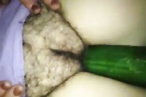 Amazing curly slit of my older white hotwife with a cucumber