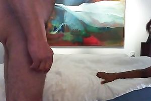 Young dark strumpet sucks my white old shlong in the hotel room