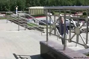 Horny voyeur with camera spies on a blond wife pissing