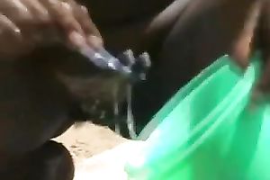 Black sexy youthful wife with shaggy snatch shaves herself outside