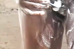 Black sexy youthful wife with shaggy snatch shaves herself outside