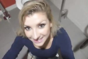 Blond sweety screwed and jiyyed on face in the public WC
