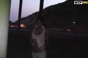 Nasty and hawt Russian wife outside blows a huge palpitating dong