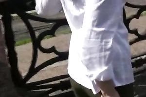 Amateur brunette hair slutty wife made water in her panties in public