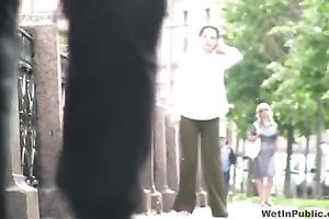 Amateur brunette hair slutty wife made water in her panties in public