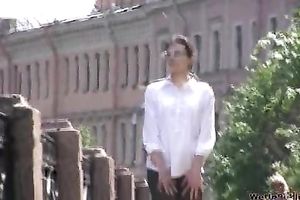 Amateur brunette hair slutty wife made water in her panties in public