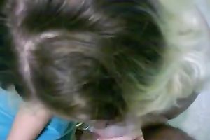 Curly haired blond skank blows my knob in front of a camera