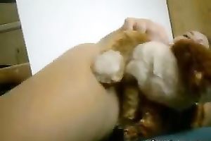 Brown-haired legal age teenager rubs her bald cunt with her fave toy