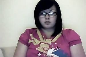 Chubby and nerdy dark brown legal age teenager fingers her shaggy crotch