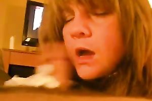 Brown-haired next-door milf admires me with her cock-sucking skills