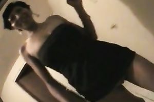 Shameless hoe in dark petticoat flashes her bald pussy