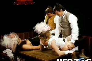 Lewd woman acquires screwed by a scarcely any guys in a weird retro sex movie scene