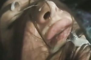 Sexy brunette sucks my ramrod and acquires cum on her face and hair
