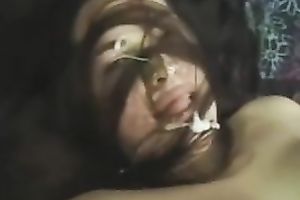 Sexy brunette sucks my ramrod and acquires cum on her face and hair