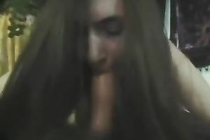 Sexy brunette sucks my ramrod and acquires cum on her face and hair