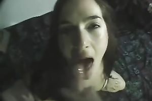 Sexy brunette sucks my ramrod and acquires cum on her face and hair