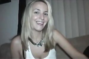 Slim blond fuckbuddy teases with her cleavage in homemade solo