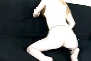 Slim golden-haired wife with pale skin wears tights and plays with her love tunnel