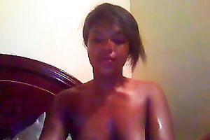 Delicious and shiny dark legal age teenager hottie greases up and masturbates