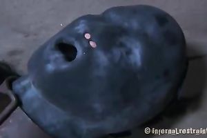 Dissolute beauty wearing mask on her head is punished by her slaver