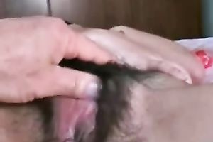 My slim brunette hair GF allows me to finger her hirsute pussy