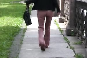 Lena changes her trousers after peeing her panties in the street