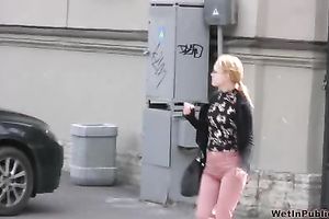 Lena changes her trousers after peeing her panties in the street