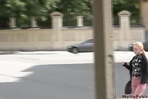 Lena changes her trousers after peeing her panties in the street