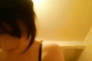 Blindfolded dark brown cutie sucks my knob in advance of taking it in her vag