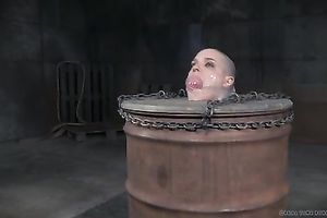 Bold serf hotwife is bounded in a barrel by her dominant