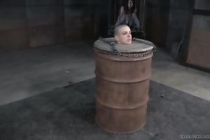 Bold serf hotwife is bounded in a barrel by her dominant