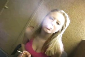 Just my lustful and breasty golden-haired girlfriend smokin' and flashing