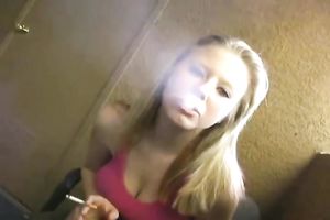 Just my lustful and breasty golden-haired girlfriend smokin' and flashing
