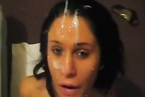 Proudly shows a large sticky facial cum after orall-service