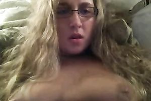 Nerdy blond legal age teenager in glasses rubs her large breasts on chat roulette