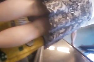 Pussy of chick receives stripped on shoe camera in an elevator