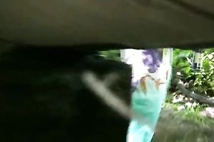 Lovely Russian dark brown babe in taut jeans meed in the public