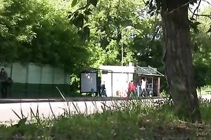 Lovely Russian dark brown babe in taut jeans meed in the public