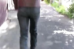 Lovely Russian dark brown babe in taut jeans meed in the public