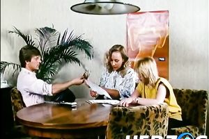 Nasty blonde women from the office engulf hard dongs and receive fucked