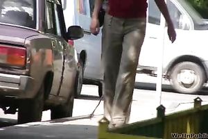 Public pissing solo clip with amateur dark brown Olga