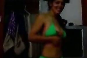 Slim non-professional Indian white bitch is posing for livecam wearing miniature bikini