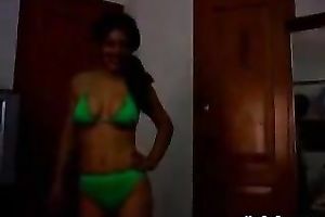 Slim non-professional Indian white bitch is posing for livecam wearing miniature bikini