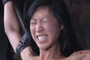 Exotic beauty with large fake boobs is immobilized and sucks master's pecker