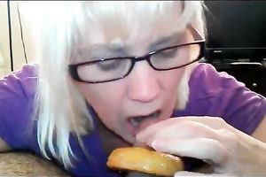 My cute blue eyed girlfriend in glasses blows me and takes facial