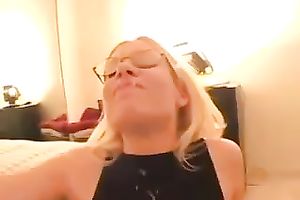 Four eyed golden-haired doxy is not glad with the facial