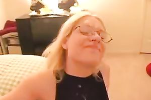 Four eyed golden-haired doxy is not glad with the facial