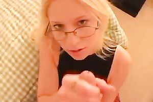 Four eyed golden-haired doxy is not glad with the facial